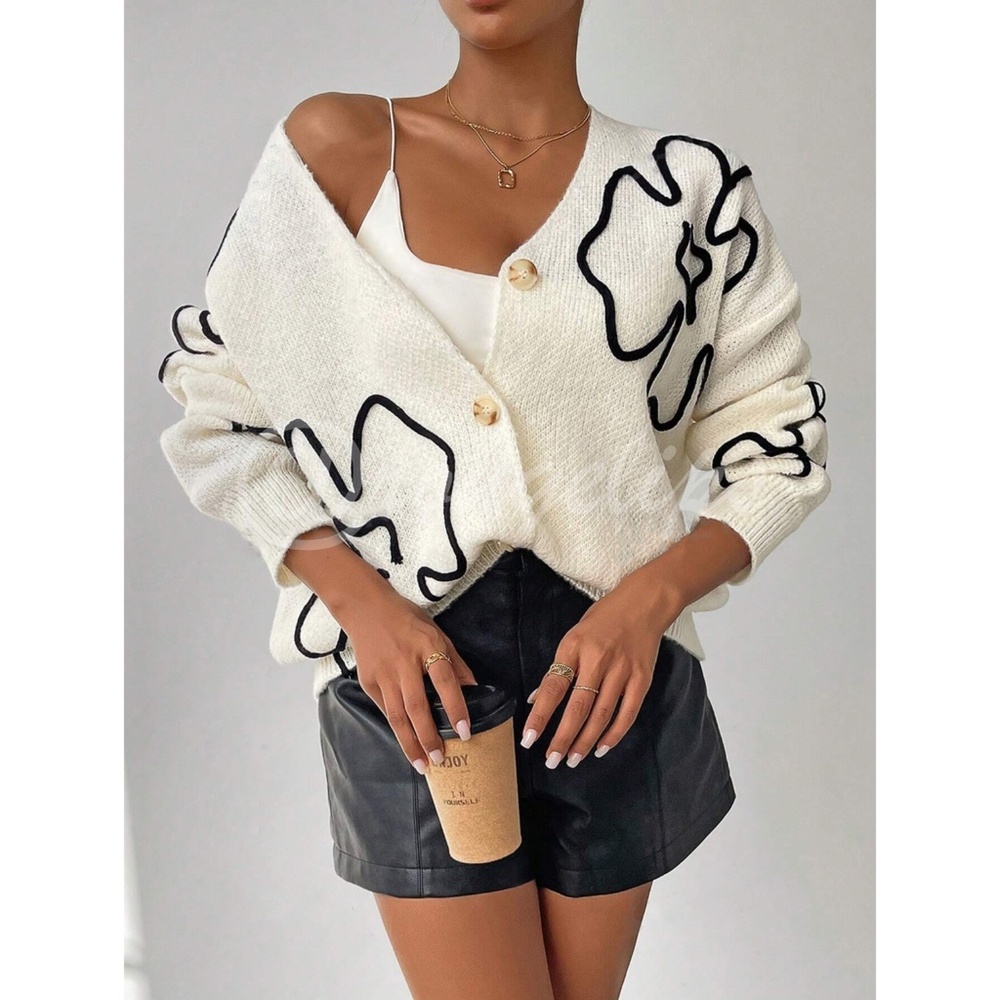 White Cardigan Knit Black Flower Appliqué Oversized Long Sleeves
